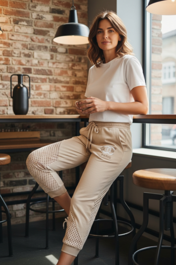 Damenhose mit Netzeinsätzen und Paris-Detail - Beige